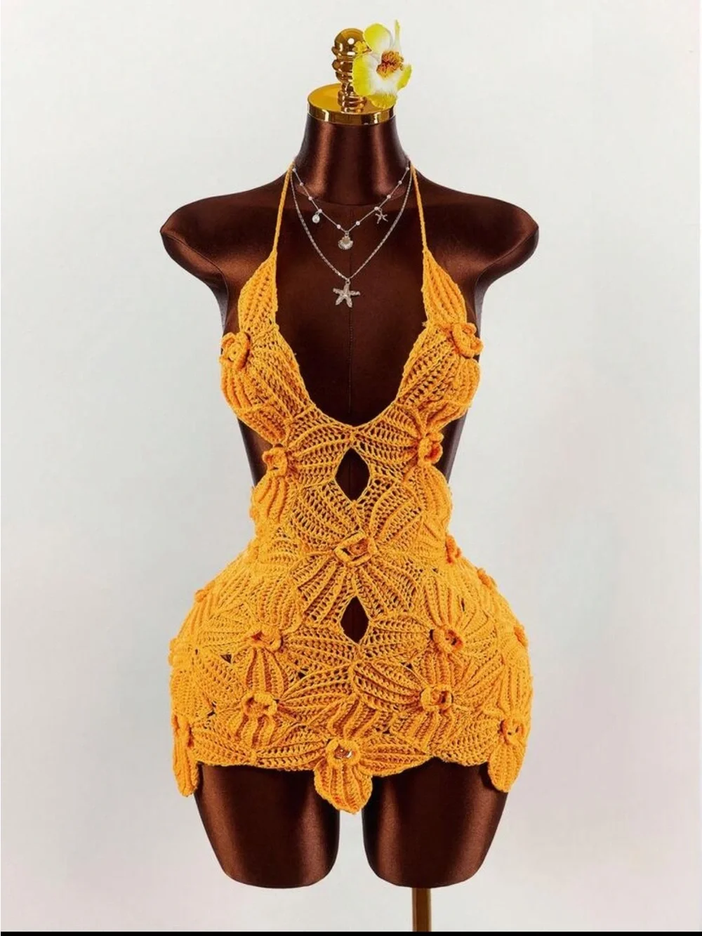 Floral Crochet Mini Halter Dress in Bright Orange Small new in packaging - Picture 8 of 10
